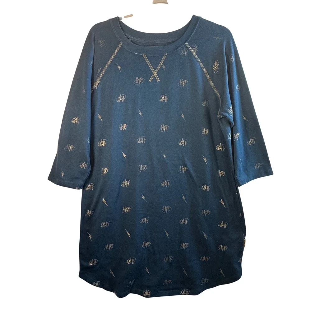 Harry Potter Sleep Shirt Nightgown Blue Gold Foil Logo Lightning Bolt Size S-M